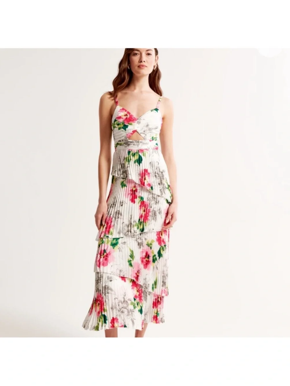 Abercrombie & Fitch White Floral Pleated Tiered Midi Dress - Picture 1 of 4